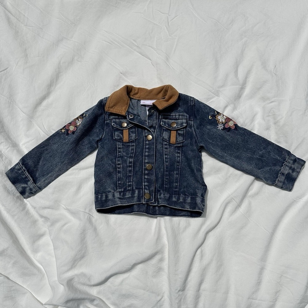 Little Lass Floral Embroidered Jean Jacket with Brown‎ Collar Size 24 months